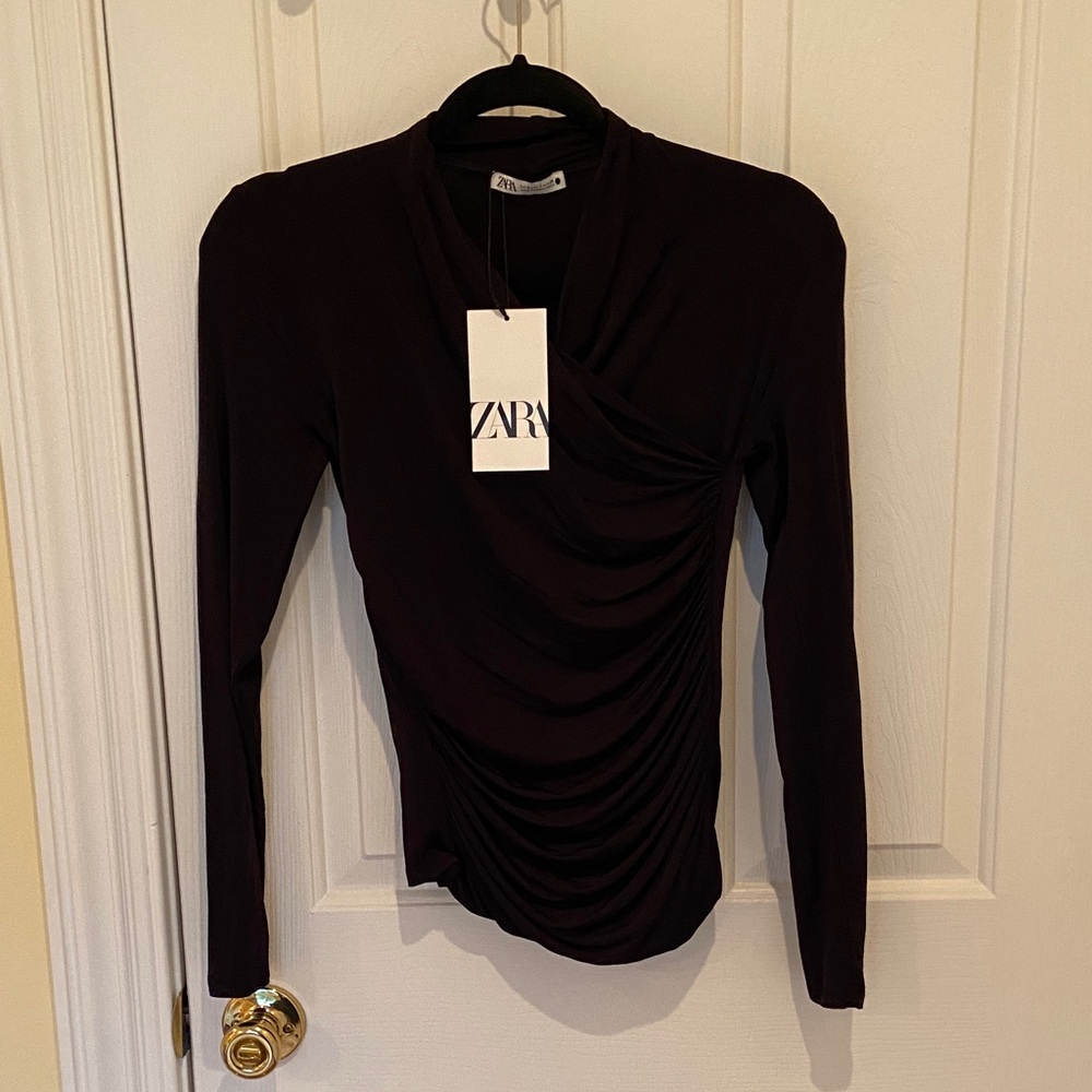 Zara Women's Elegant Dark Purple Draped Blouse